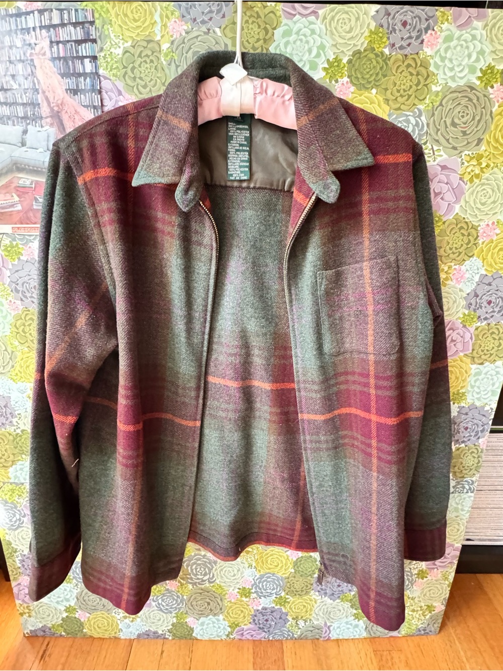 Ralph Lauren Olive and Burgundy Plaid Wool Zip Jacket